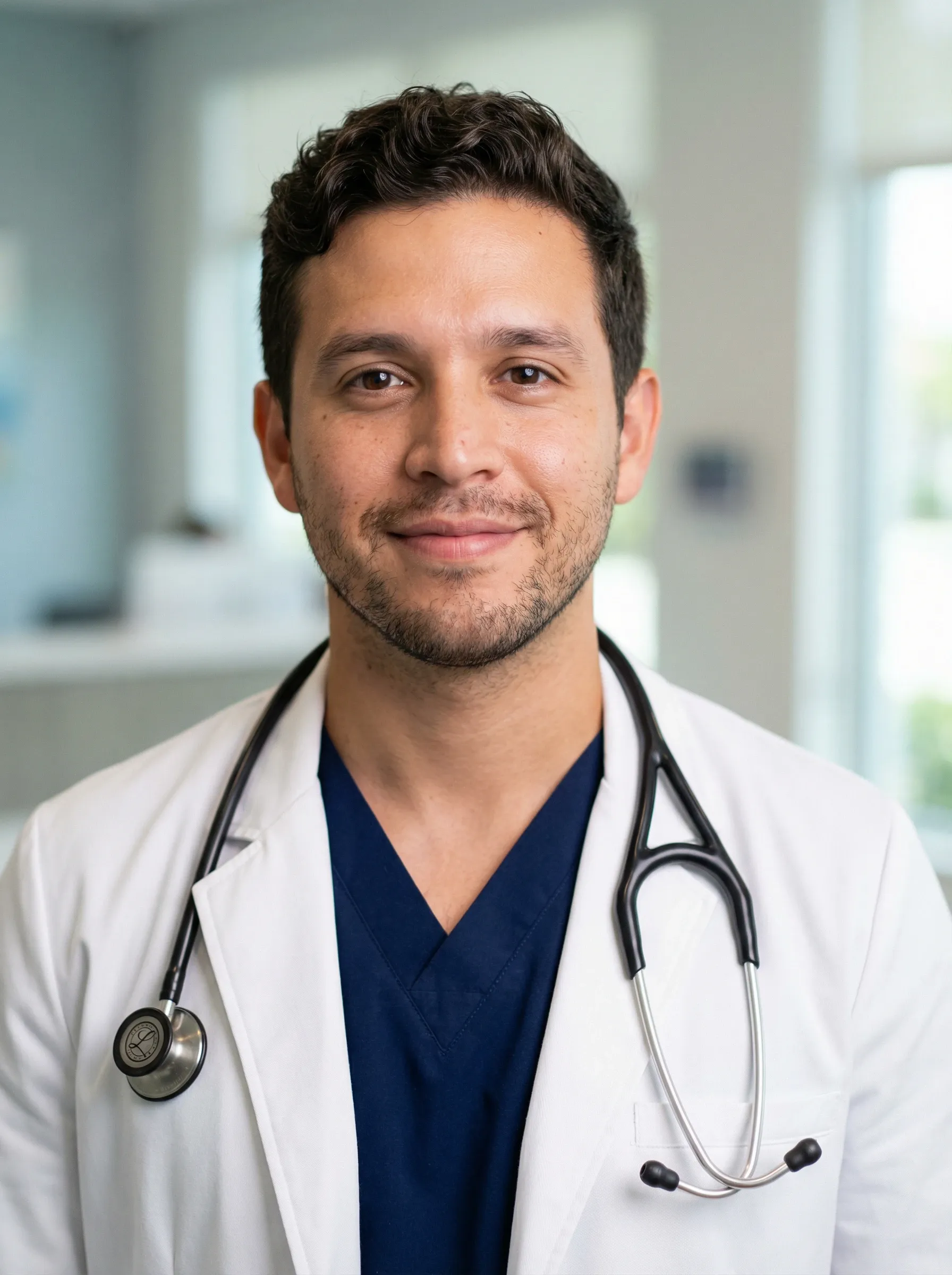 AI doctor headshot — man in a white lab coat over navy scrubs with a stethoscope in a clinic
